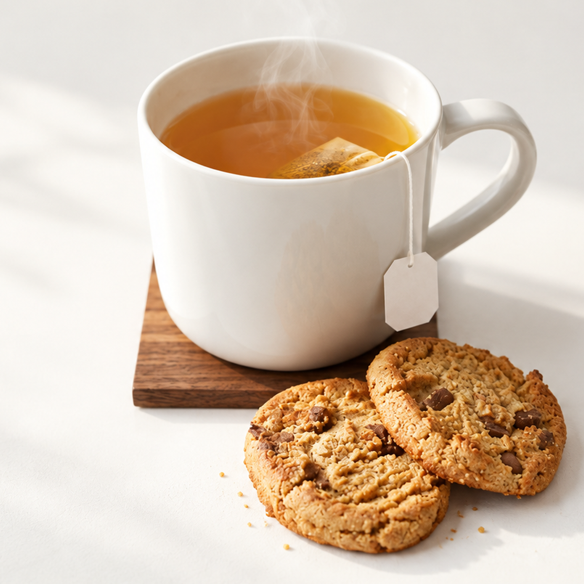 A warm cup of tea with cookies